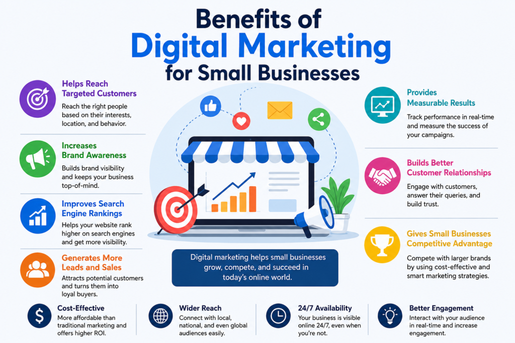 Infographic showing the benefits of digital marketing for small businesses including SEO, brand awareness, lead generation, customer engagement, and online growth.