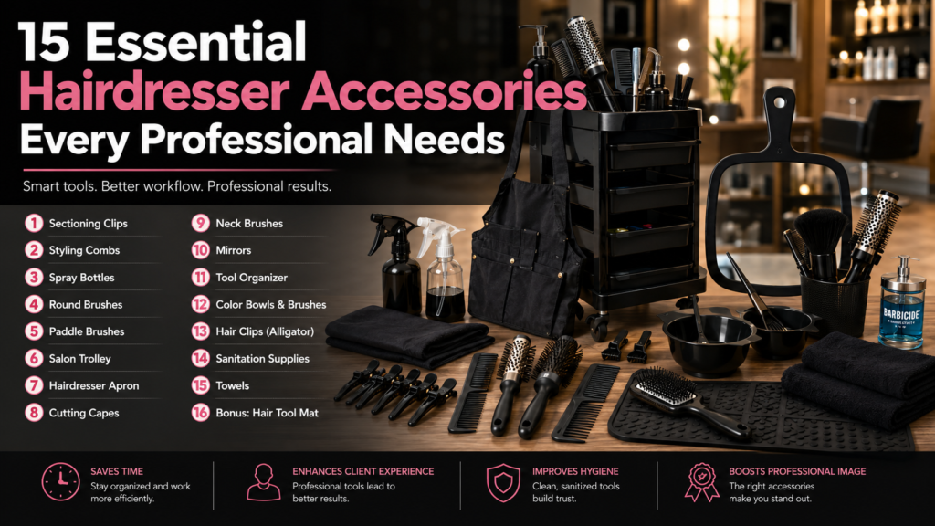 Professional hairdresser accessories including styling combs, sectioning clips, salon trolley, brushes, spray bottles, and hairdressing tools arranged in a modern salon.
