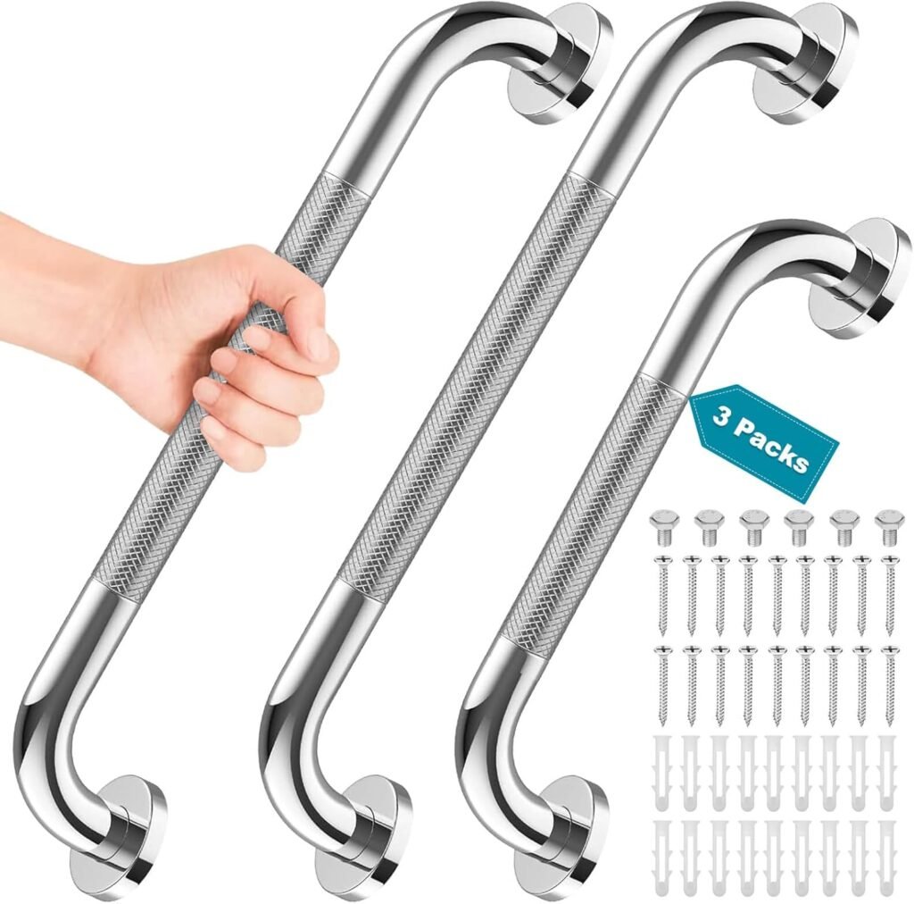 3-pack stainless steel grab bars with textured non-slip handles and mounting hardware for bathroom safety