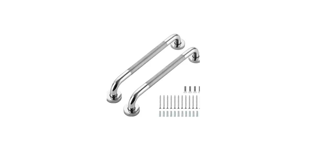 Stainless steel wall-mounted grab bars with installation screws and anchors for bathroom safety and support.