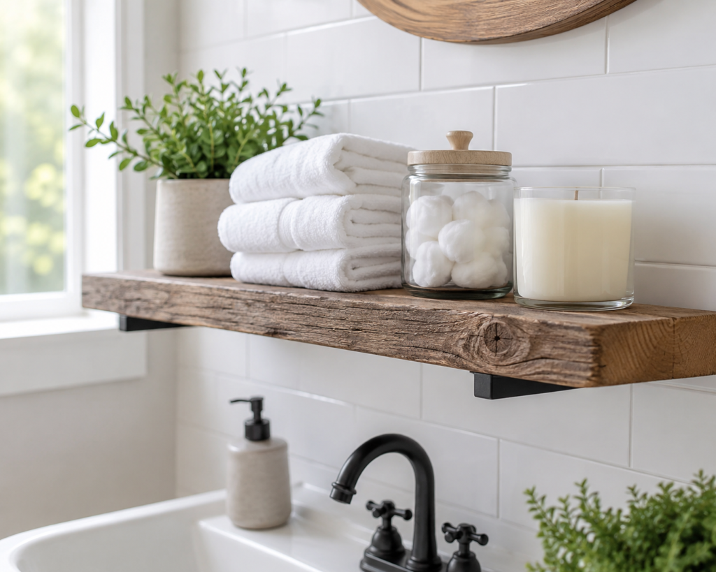 Rustic wood floating wall shelf above a white bathroom sink with rolled towels, potted plant, cotton ball jar, and candle in a bright modern farmhouse bathroomv.Wall Shelves for Bathroom: The Buying Guide That Actually Solves Your Clutter Problem